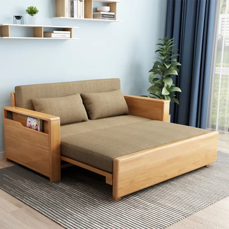 Solid Wood Folding Sofa Bed Convertible Sleeper Couch Removable Washable Cover Space Saving Furniture for Small Apartment