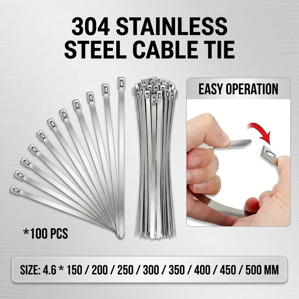 100PCS 304 Stainless Steel Zip Ties 4.6mm Self‑locking Heavy Duty Multi‑Purpose Metal Cable Ties for Electrical Wiring Harness