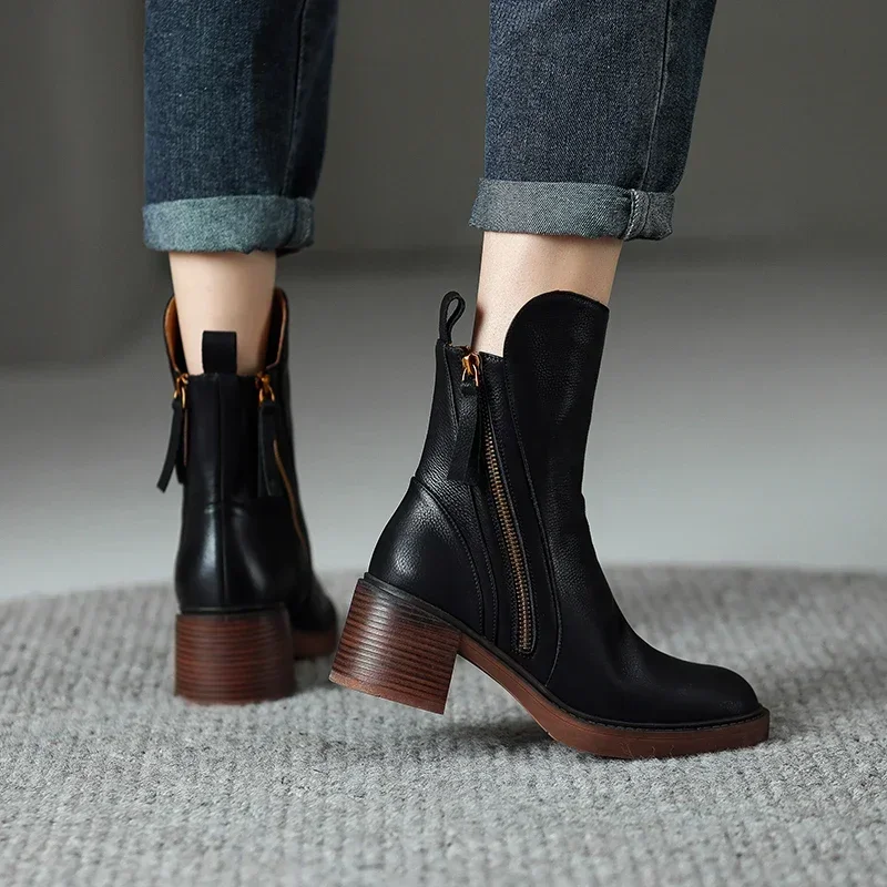 Women 's Boots Autumn Ankle Boots Platform Chelsea Boots Chunky Heel Shoes for Women Retro Polished High Heel Leather Booties