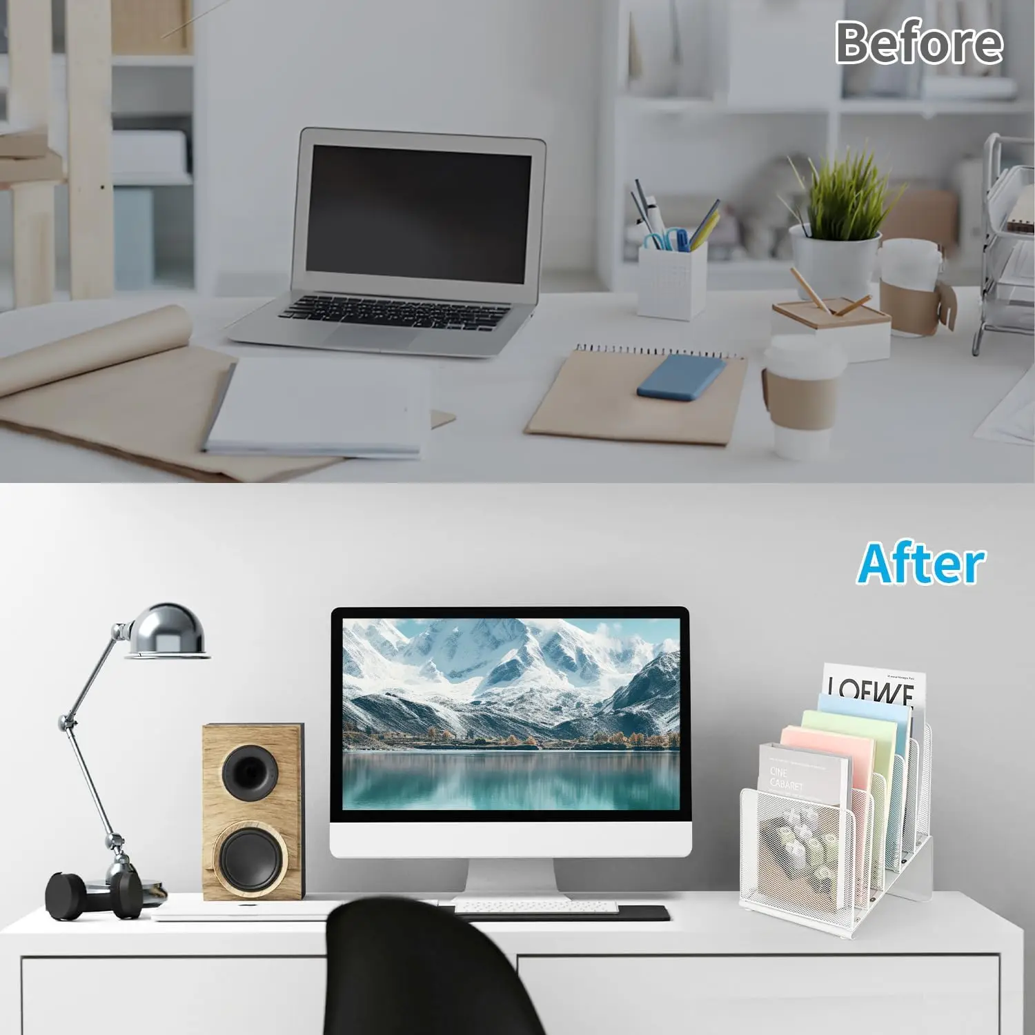 5-Section Vertical File Organizer for Desk, White Workspace Accessory with Steel Construction