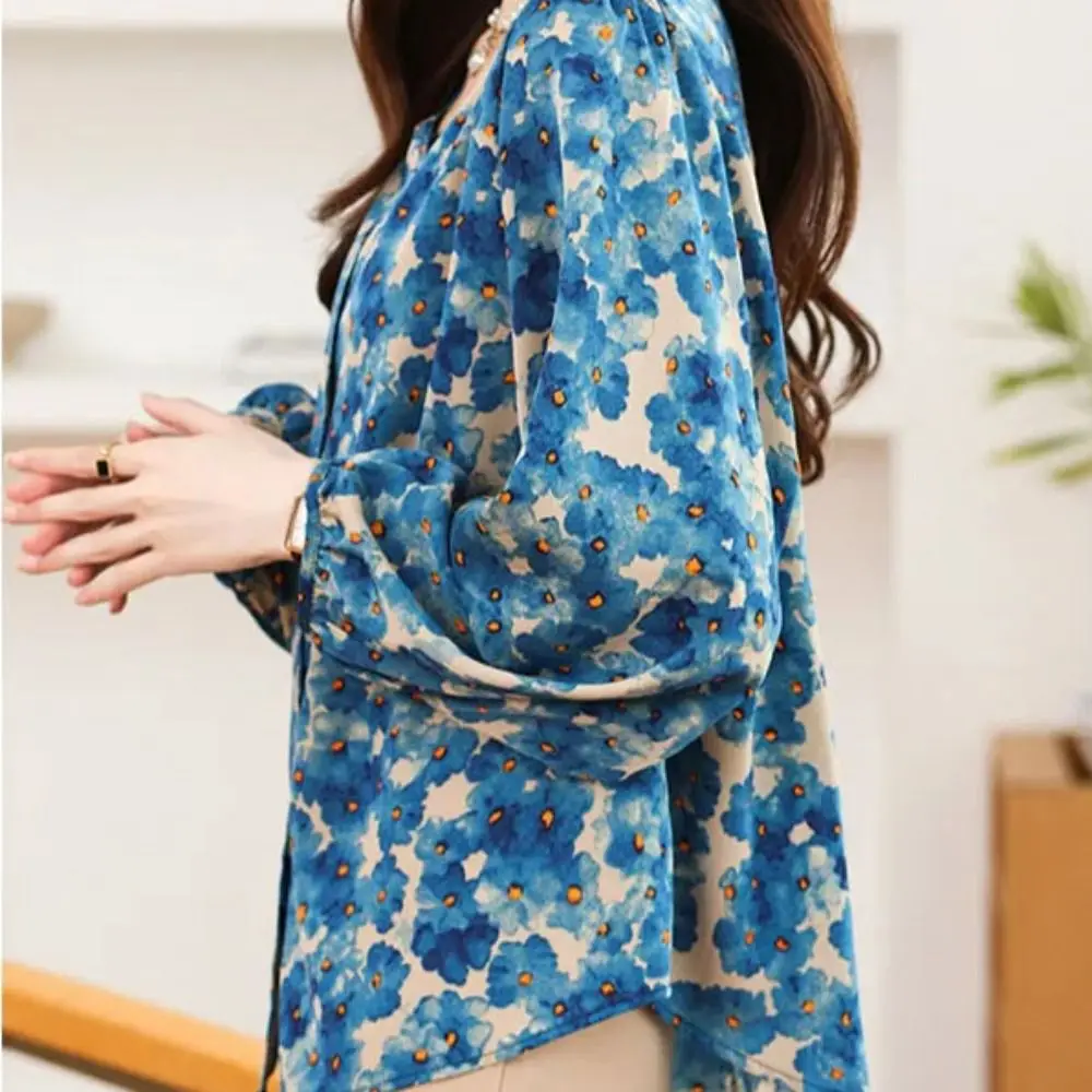 

Женская шифоновая блузка с круглым вырезом, длинным рукавом, свободного кроя, с цветочным принтом, дышащая, с цветочным узором