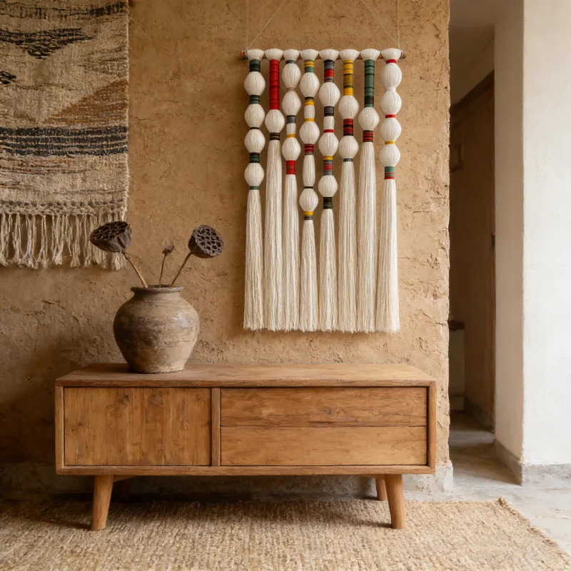 Large Handmade Macrame Wall Hanging Cotton Rope Ball Tassel Wall Art Modern Boho Decor for Living Room Bedroom