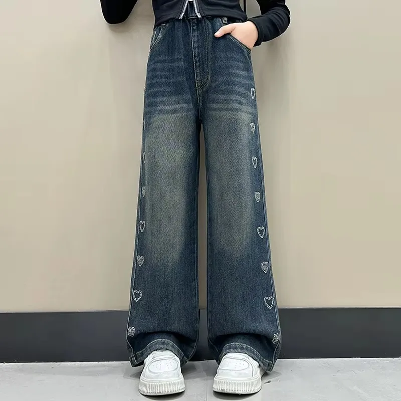 Tienermeisjes mode hartprint jeans recht gesneden denim broek Koreaanse stijl hoge taille kinderen tiener streetwear lange broek