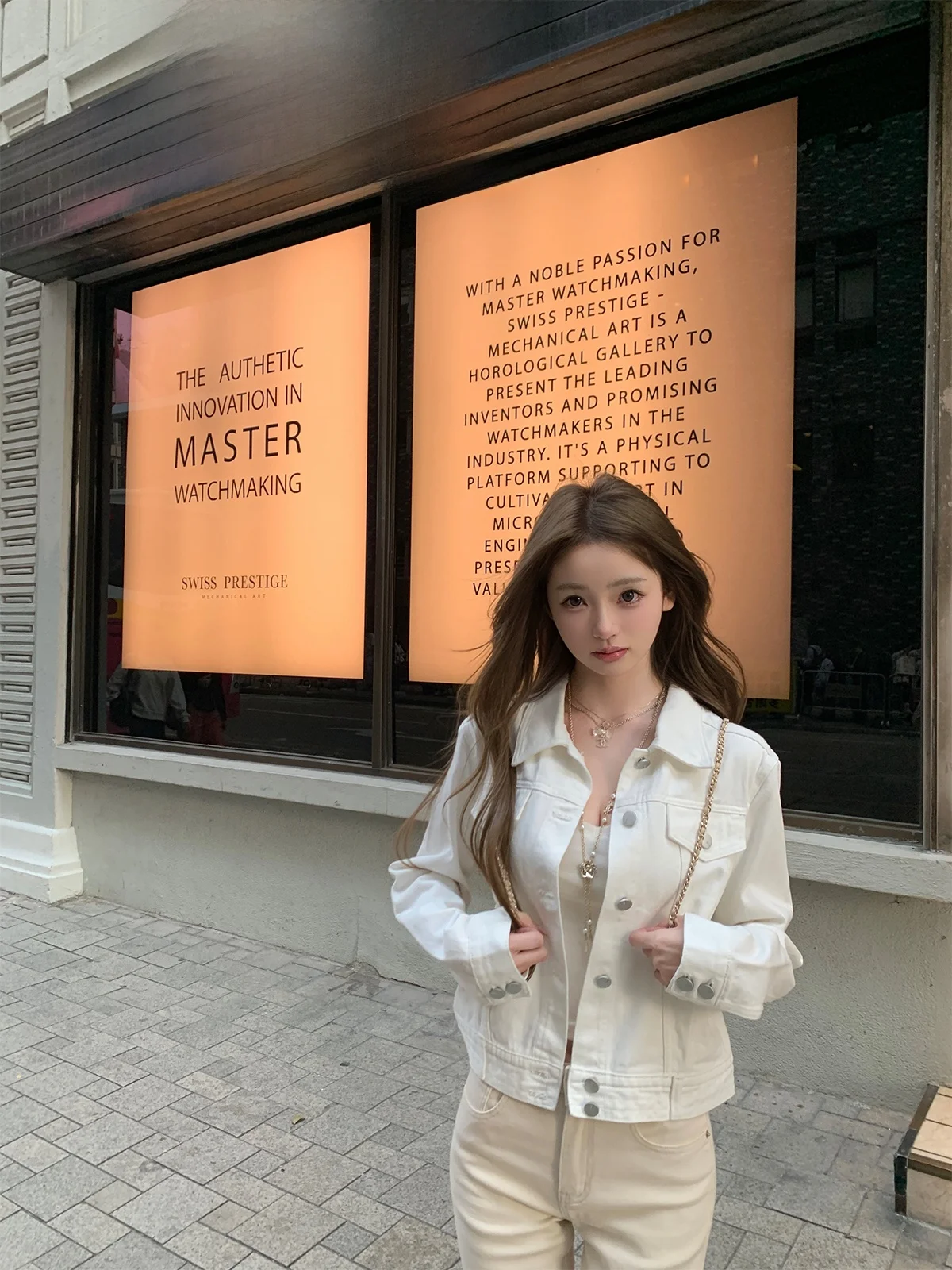 Retro Hong Kong Flavor Loose Shoulder Denim Jacket Standard Fit Cotton Long Sleeve Pure Color Button Closure Women's Jacket