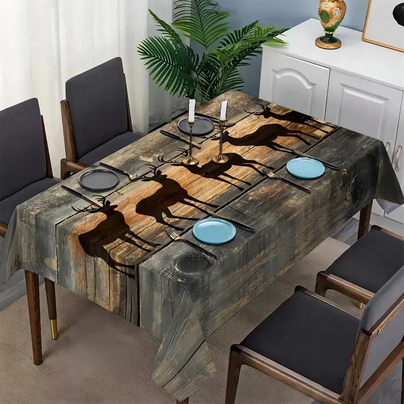 One-piece tablecloth with a natural country style theme. The base color is a faux wood board texture. yzb