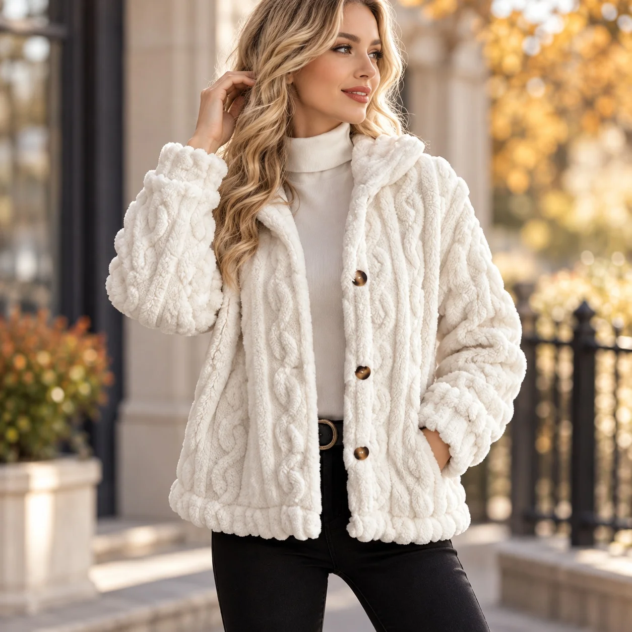 Thick Long Sleeve Regular Fit Elegant Coat with Single Breasted Multi Button Front Notched Collar Button Closure Women Jacket