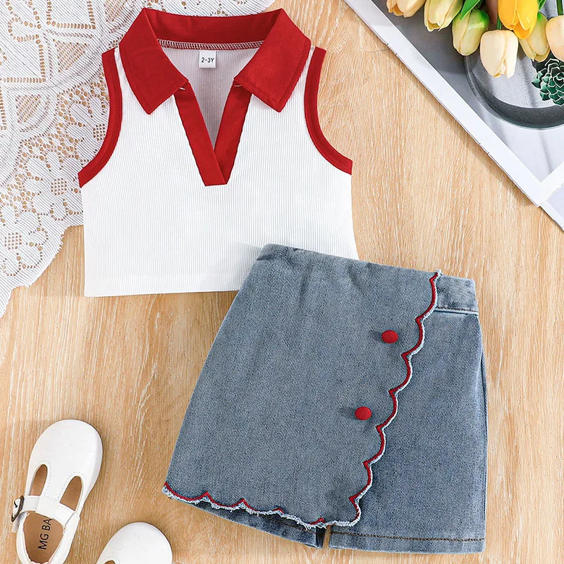 

2Piece 2025 Summer Girls Outfit Sets Korean Fashion V-neck Sleeveless Cotton Baby Tops+Denim Shorts Boutique Kids Clothing B032