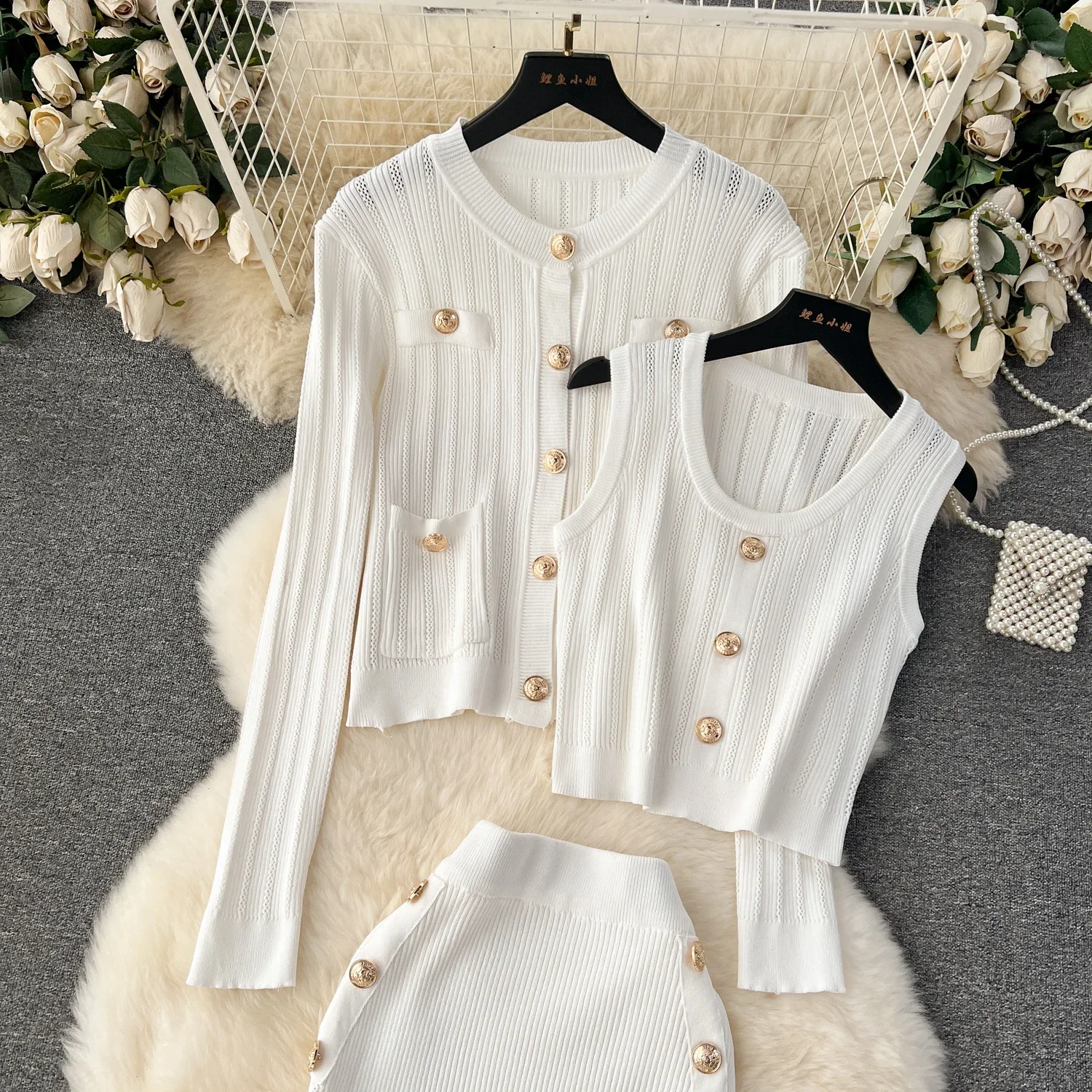 2024 Spring hollow  Knitted Suits Elegant 3 Piece Dress Set Women Outwear  Korea Fashion Sweater Dress Female