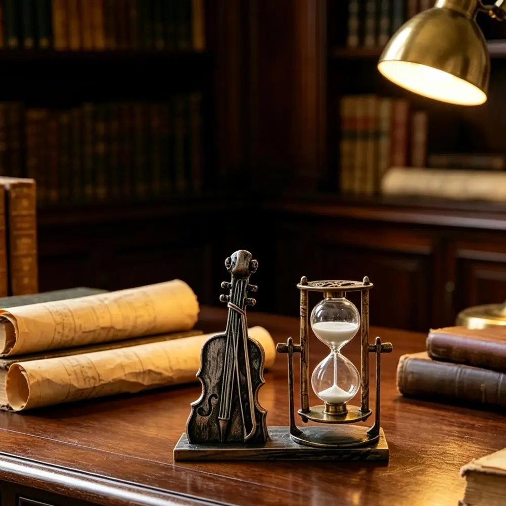 Study Desk Ornament Violin Sand Hourglass Ornament Retro Bronze Silver Finish Timer Reversible Desk Decor with for Home