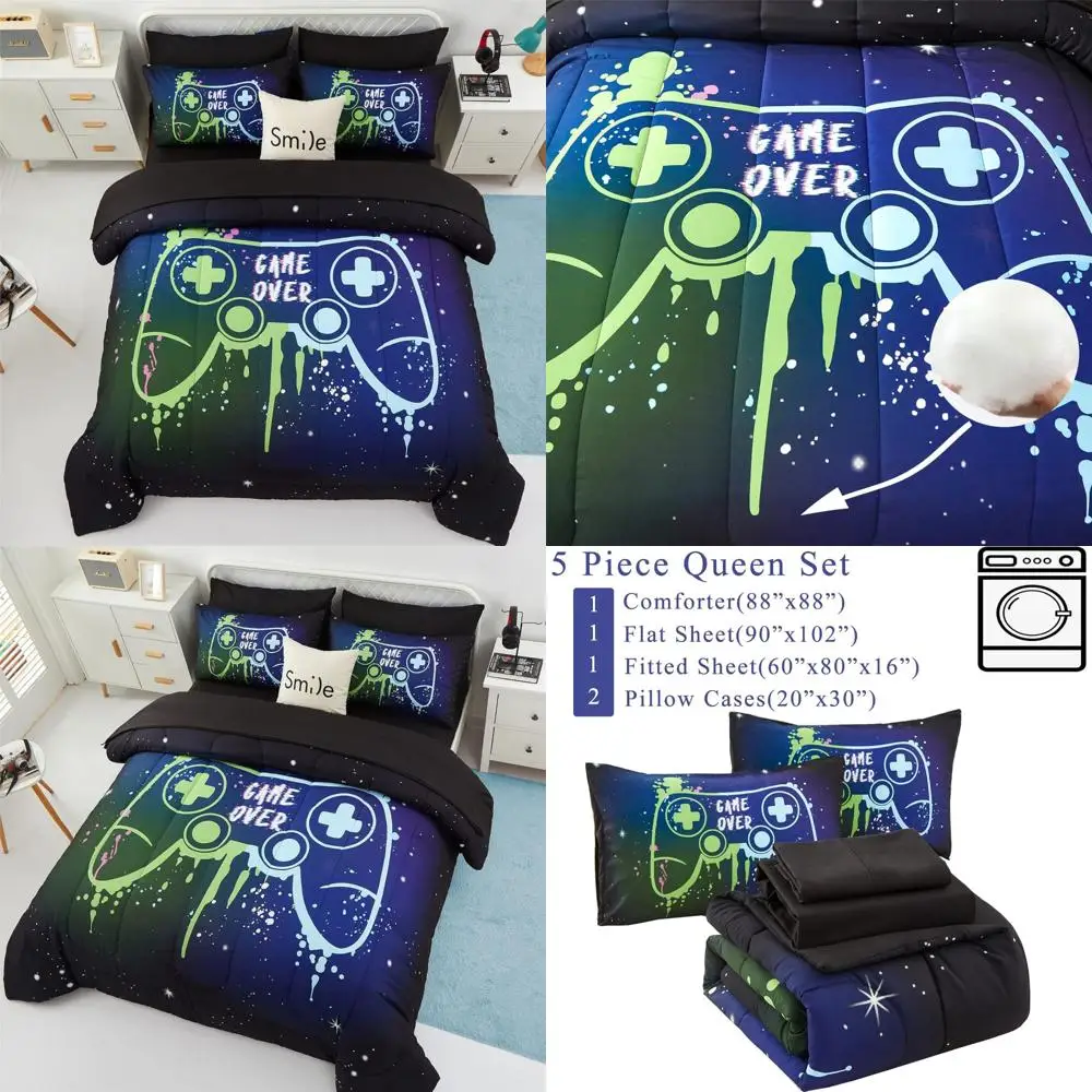 مجموعات مفروشات ألعاب KAKKI Kids مقاس كوين للأولاد المراهقين، سرير مكون من 5 قطع في حقيبة، مجموعة لحاف ألعاب مع ملاءات، لعبة ملونة ثلاثية الأبعاد