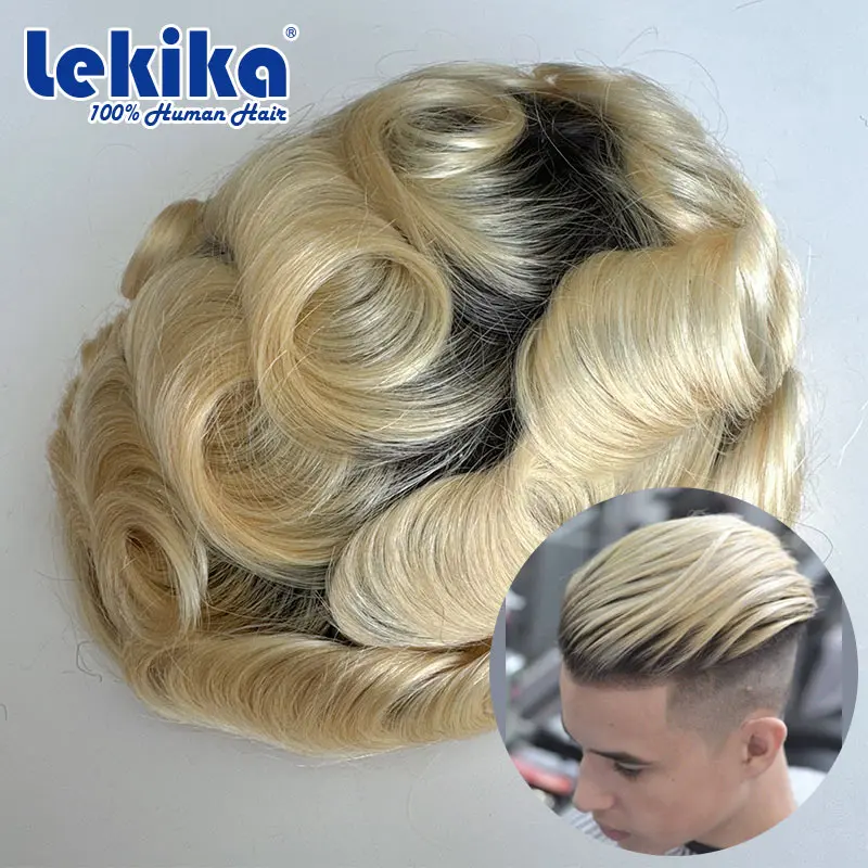 

T Color Microskin T4/613 Men's Capillary Prothesis 0.06-0.08MM Fashion Knotted Men Wigs For Man 100% Human Hair Medium Brown