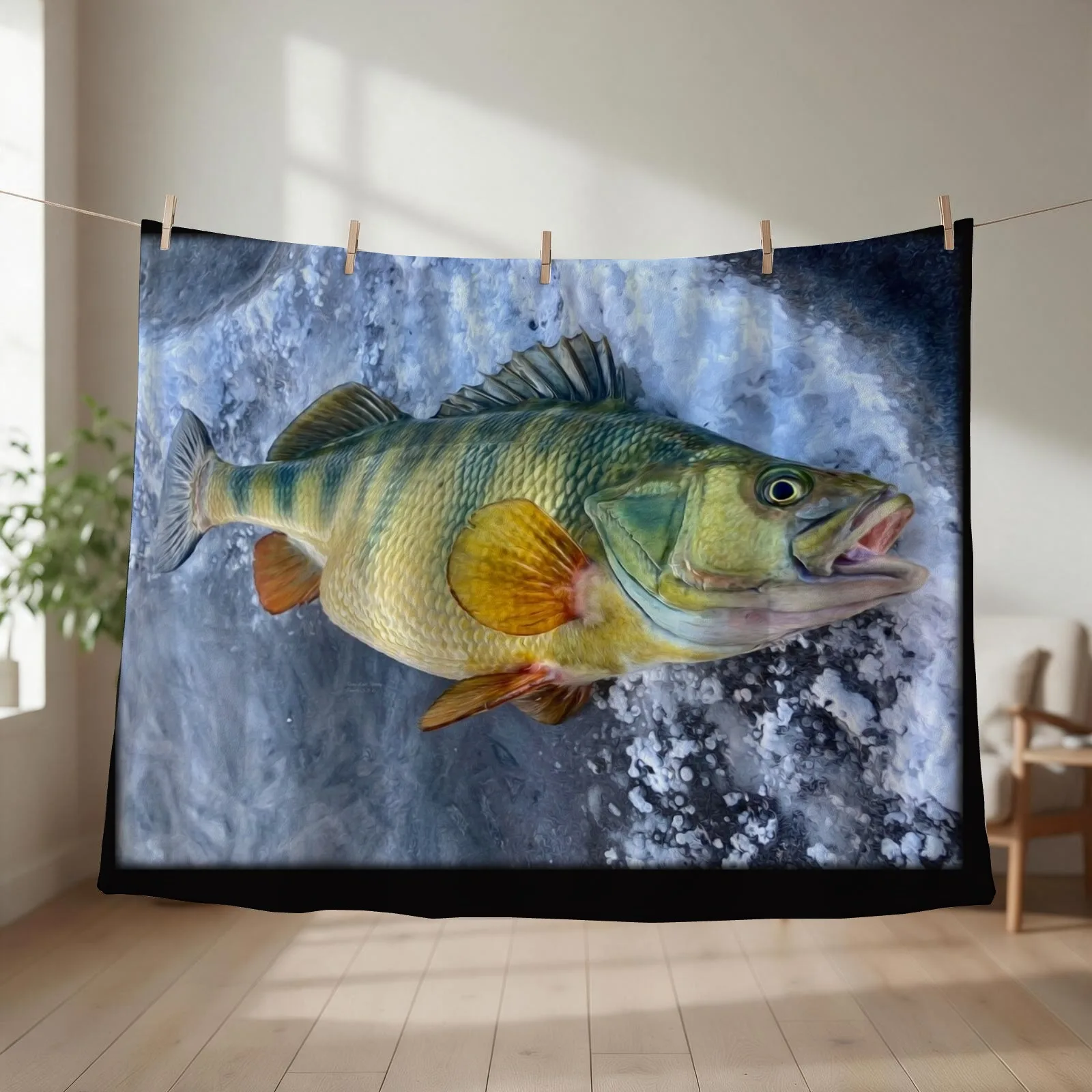 Ice Fishing, Jumbo Yellow Perch, Original Painting Throw Blanket Soft Beds Weighted Designers Cute Plaid Blankets