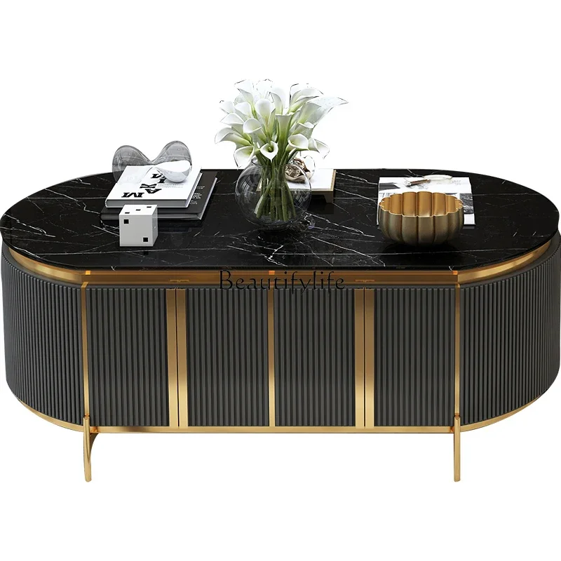 

FG44Modern simple light luxury coffee table oval Hong Kong style living room marble stainless steel paint