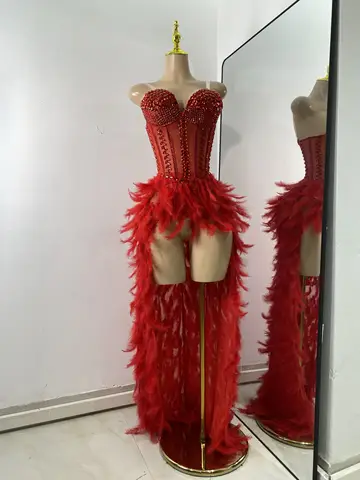 High Quality Women Sexy Straplss Crystals Diamonds Feather Luxury Party Dress Designer Mesh Transparent Performance Stage Outfit