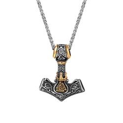 Vikings Crown Thor's Hammer Necklaces Men Stainless Steel Norse Mythology Runes Valknut Pendant Amulet Scandinavian Male Jewelry