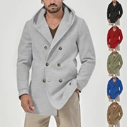 Spring Autumn Men's Soil Windbreaker Mid length Polo Collar Hooded Composite Space Cotton Double breasted Casual Windbreaker