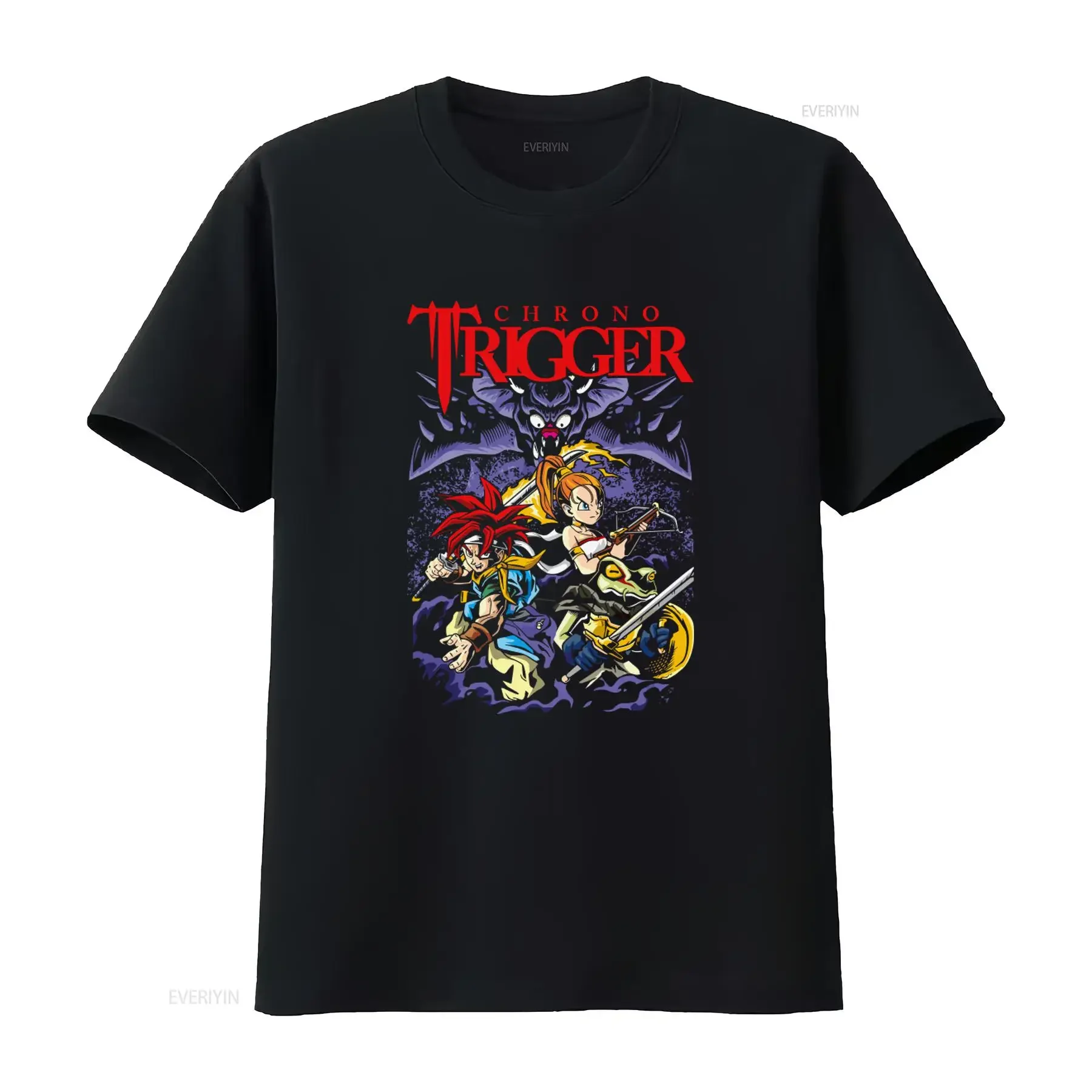 Chrono Trigger Retro Gaming T shirt Featuring Iconic Characters and Dark Fantasy Design vintage Washed Slightly Comfortable