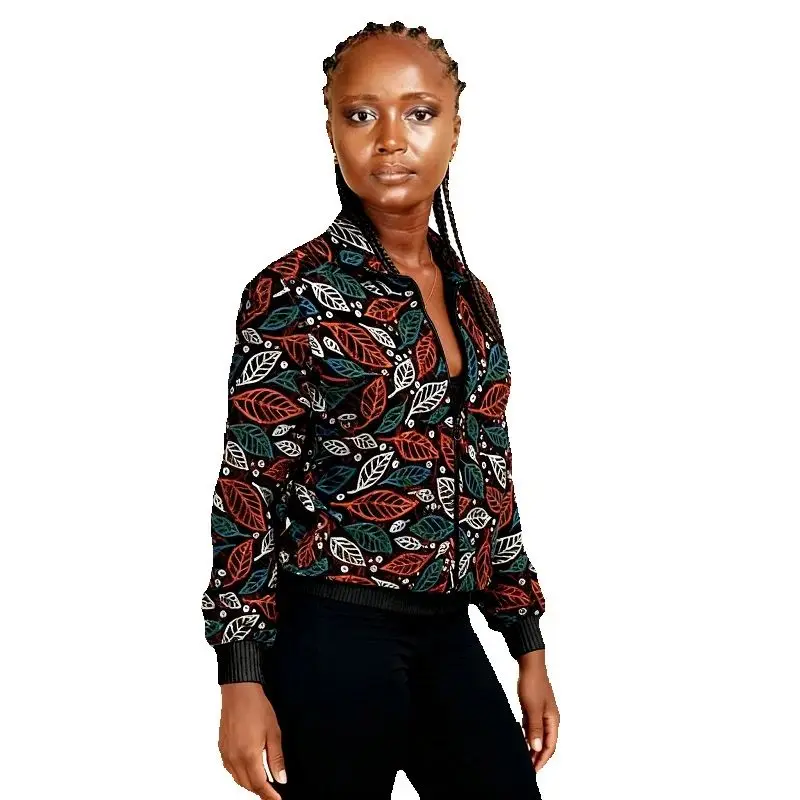 Giacca da donna con cerniera modello foglie couture africane Moda manica lunga colletto con risvolto vestibilità ampia capispalla con stampa Ankara