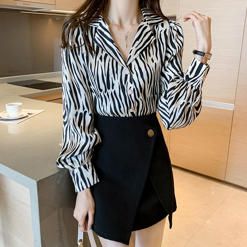 Vintage Zebra Print Chiffon Blouses Woman 2024 Spring Sexy V-Neck Long Sleeve Shirt Tops Ladies