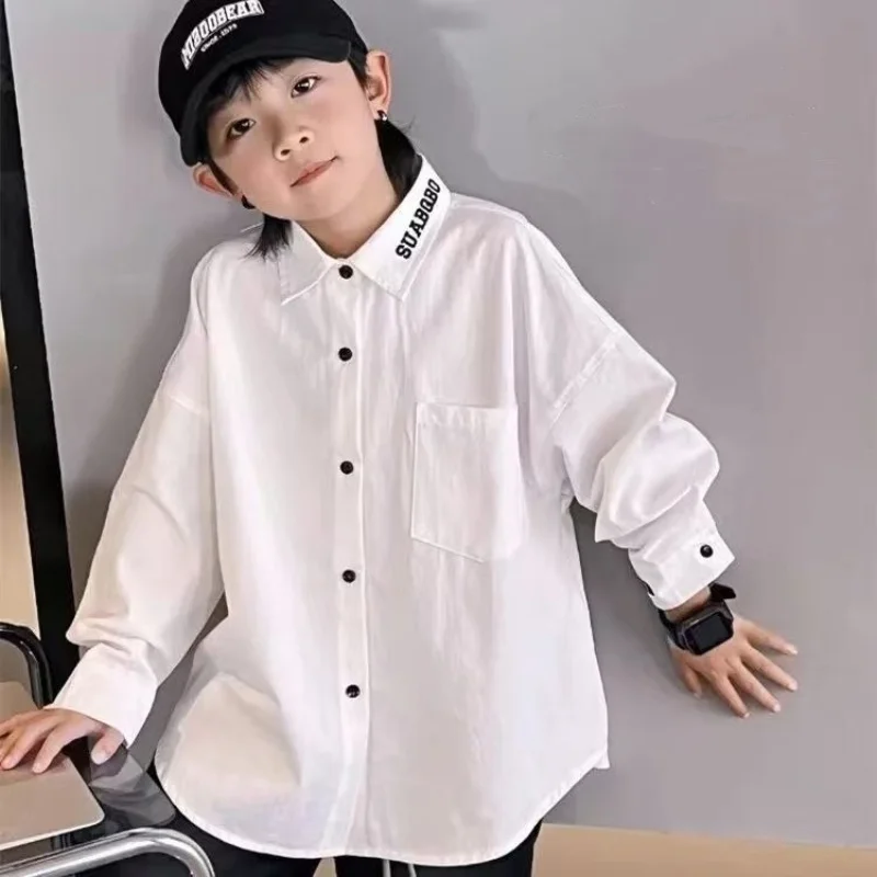 

2025 Boys White Shirt 90% Cotton Comfort Breathable Long Sleeve Letter Embroidery K-Style Button Down For Big Kids Teens 3-14Y‌