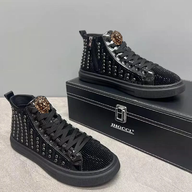 Men Fashion Casual Ankle Boots Spring Autumn Rivets Luxury Brand High Top Sneakers Male High Top Punk Style Shoes A7