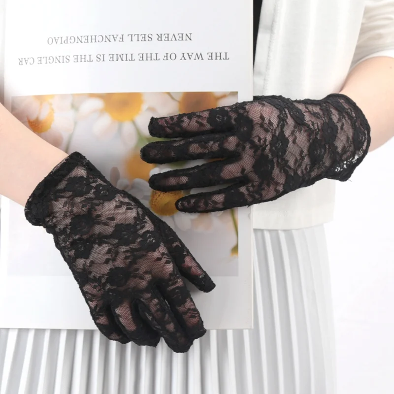 Women Lace Short Tulle Black Summer Uv-proof Driving Gloves Female Thin Fishnet Mesh Gloves Fashion Full Finger Mittens