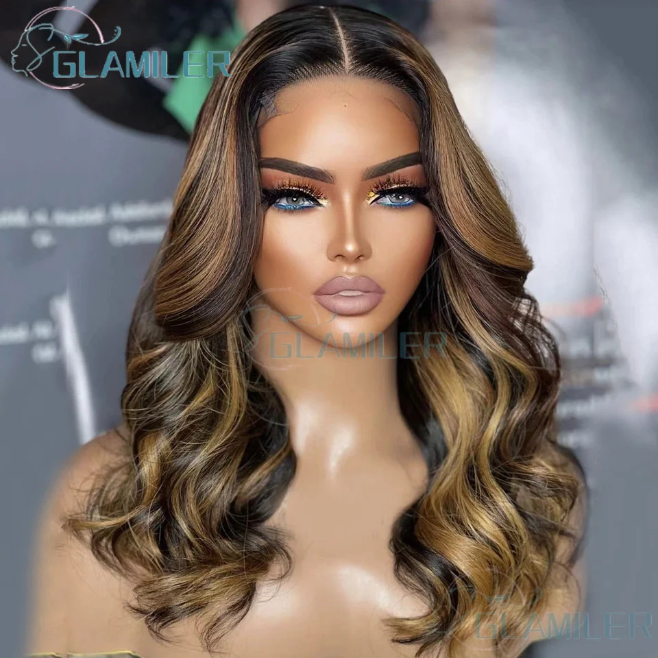 Soft Long Highlight Brown Blonde 24inch Wave 5x5 Silk Base Human Hair Wig Baby Hair 13x4 Silk Top Lace Front Wigs Preplucked