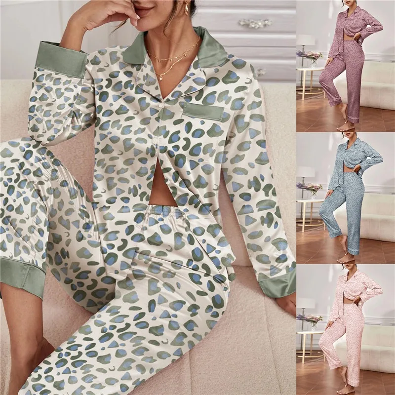 Silk Pajamas set Women\'s Summer Long Sleeve Trousers Two-piece Set Home Clothes Ladies Thin Casual Homewear Suit Sexy Sleepwear