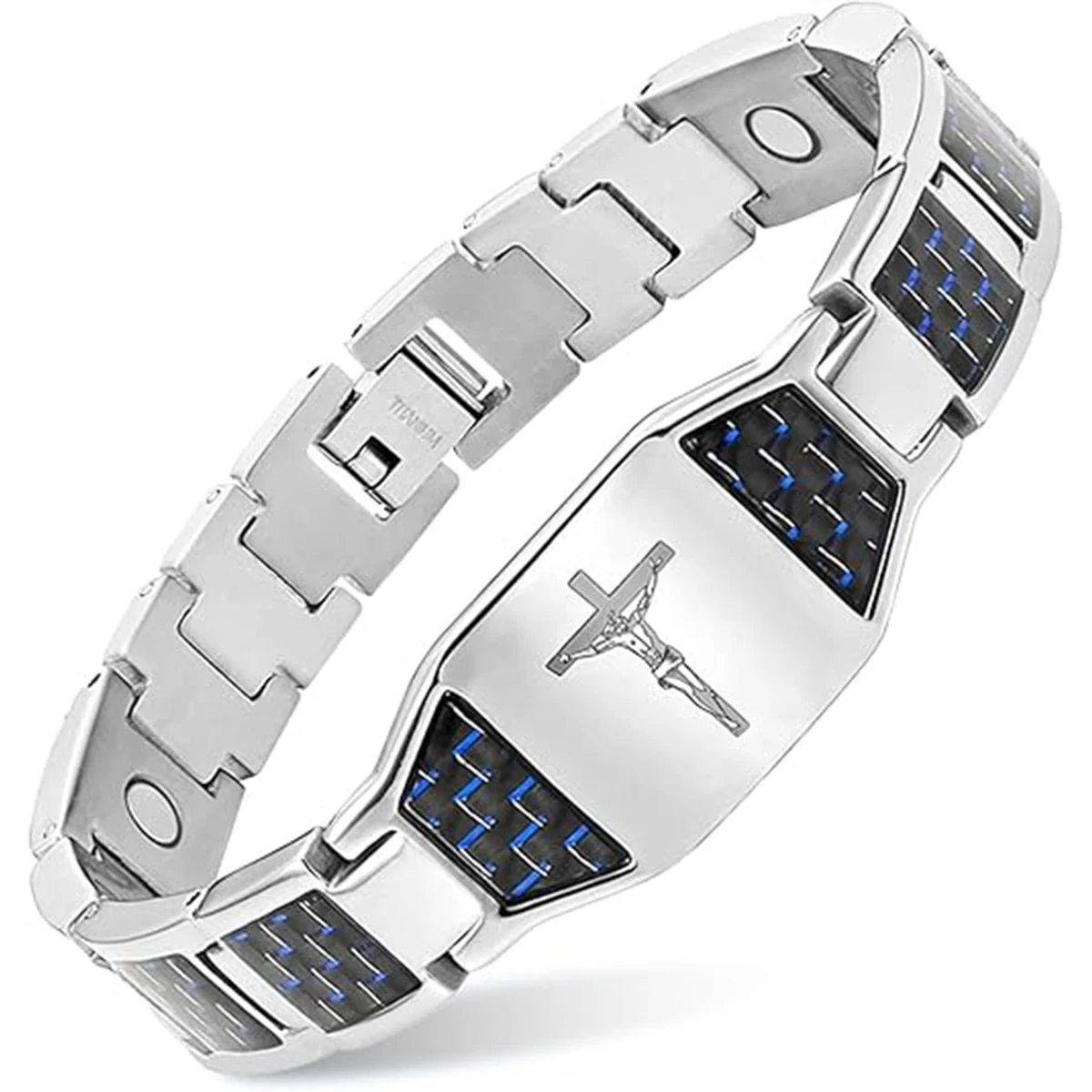 Wollet Magnetic Bracelet for Men, Christian Cross Jesus Carbon Fiber Stainless Steel Bracelet, Religious Jewelry Gift