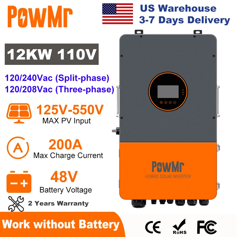 

PowMr 12 кВт Разделенный фазовый инвертор 48 В до 110 В Гибридный звуковой инвертор Вкл. Выкл. Решет 120 В 208 В 240 В Параллельный До 6 единиц IP65 WIFI