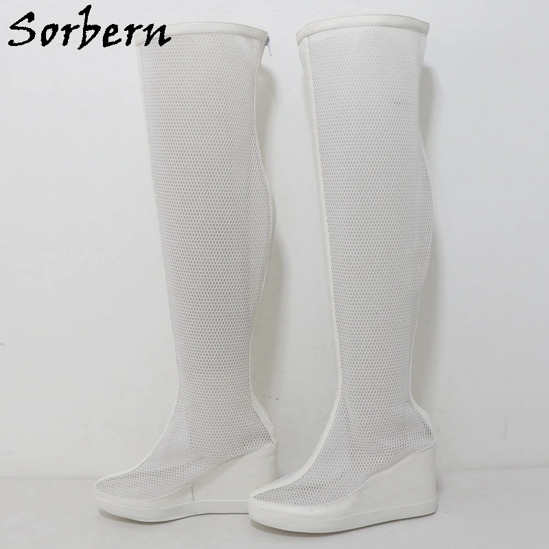 Sorbern White Mesh Knee High Boots Women Wedges High Heel Back Zipper Middle Seam Summer Style Boot Female Made-To-Order