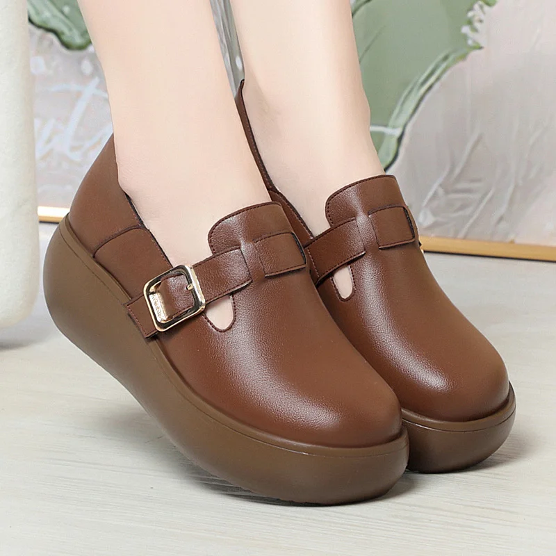 Spring Autumn New Fashion Casual Popular High Soft Bottom Leather Women's Round Toe Wedge Thick sole Anti-slip Single Shoes