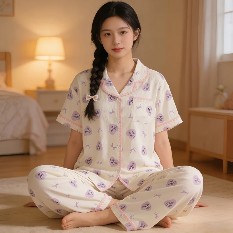 Korean Version Love Bow Short Sleeved Pants Pajamas Women's Homewear Set Ladies Casual Elastic Nightwear Stduent Sleepwear