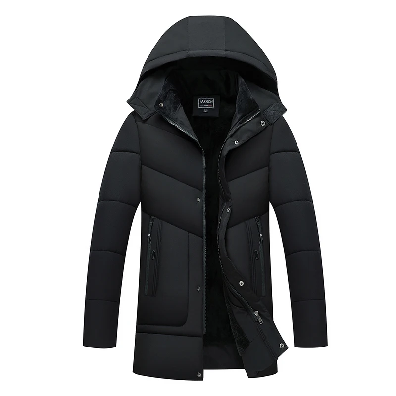 2023 Men's Middle-aged Winter Black Cotton Padded Jacket Plush Warm Hooded Jacket Black Casual Loose Middle Long Windproof Coat