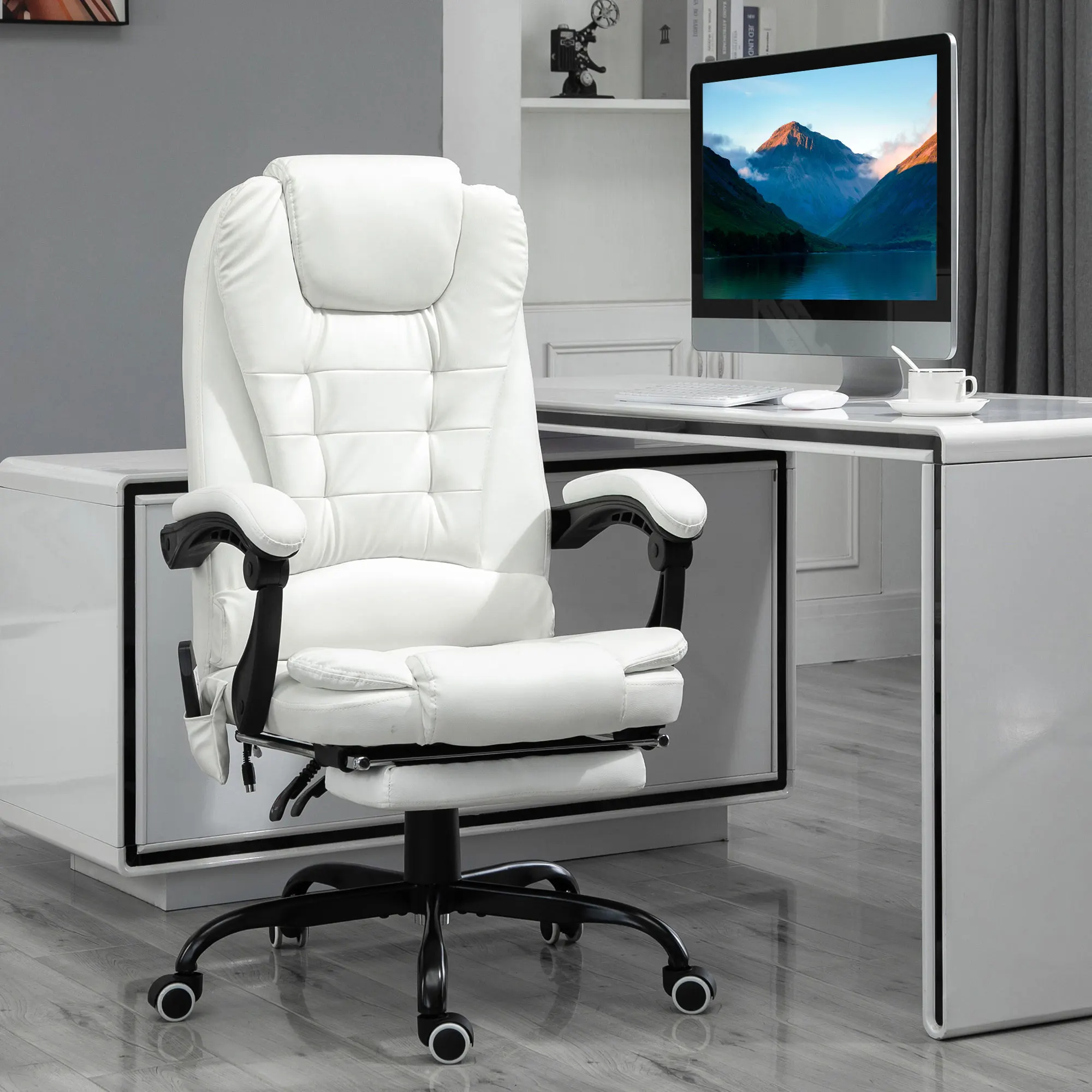 Vinsetto 7-Point Vibrating Massage Office Chair, High Back Computer Chair with Lumbar Support, Footrest, Reclining Back, Adjustable Height, White