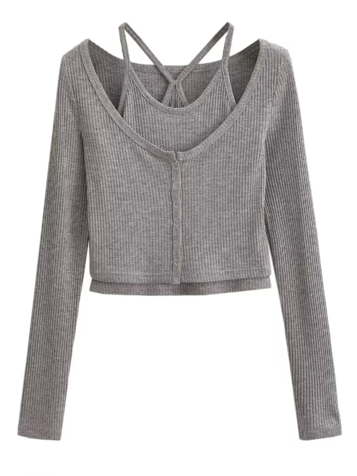 ชุดเซ็ตสองชิ้นทรงเข้ารูปเซ็กซี่ เสื้อยืดสาวฮอต สีเรียบง่าย สไตล์ลำลอง เสื้อท่อนบนใส่ทำงาน แขนยาว คอกลม สำหรับฤดูใบไม้ผลิ...