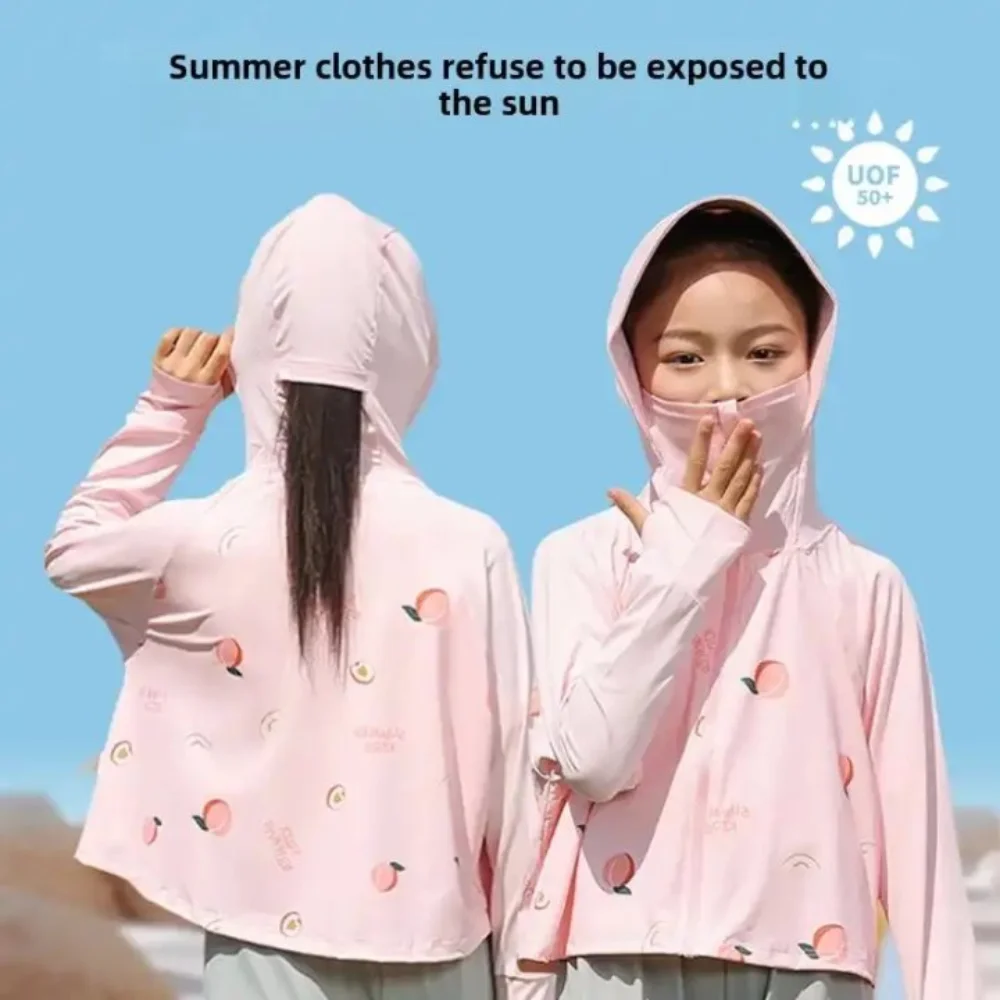 Hat Sunscreen Hoodie with Mask Veil Thin Long Sleeve Children Sun Protection Clothing Crop Top Arm Sleeves