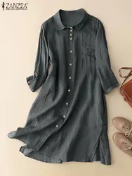 ZANZEA-vestido de verão feminino de manga comprida com lapela, vestido casual, botões para baixo, altura do joelho, monocromático, moda outono, 2023