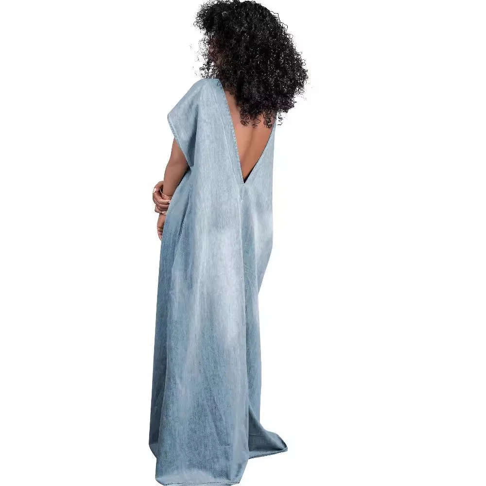 Women\'s Summer Vintage Loose Deep V Backless Dress 2024 Casual and Slouchy Denim Short Sleeve Long Viscose Women Dress LOOSE