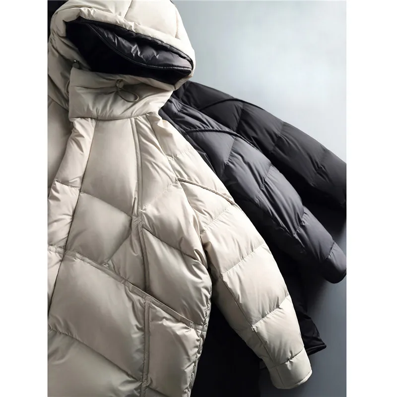 Oversize Down Coat Autumn Winter Women Warm Thick White Duck Down Jacket Ladies Midi Long Hooded Cocoon Shaped Parkas Outwears