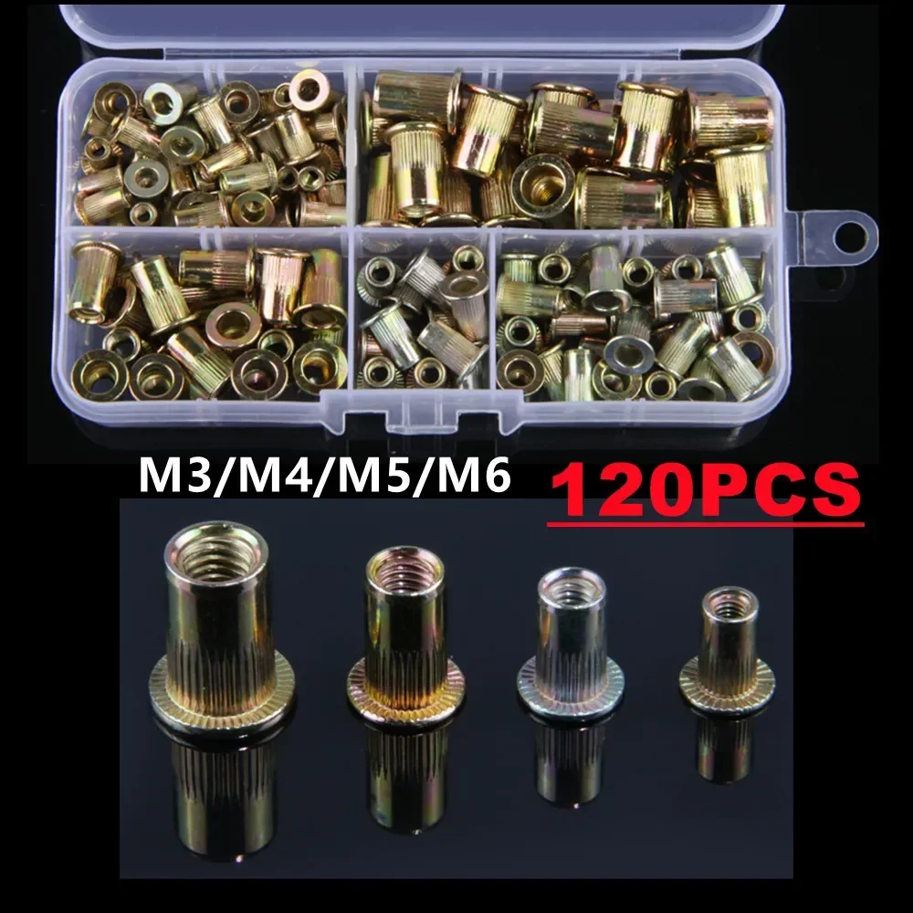 120pcs M3 M4 M5 M6 Blind Rivet Nut Flat Head Threaded Rivet Insert Nut Cover Rivet Nut Galvanized Carbon Steel