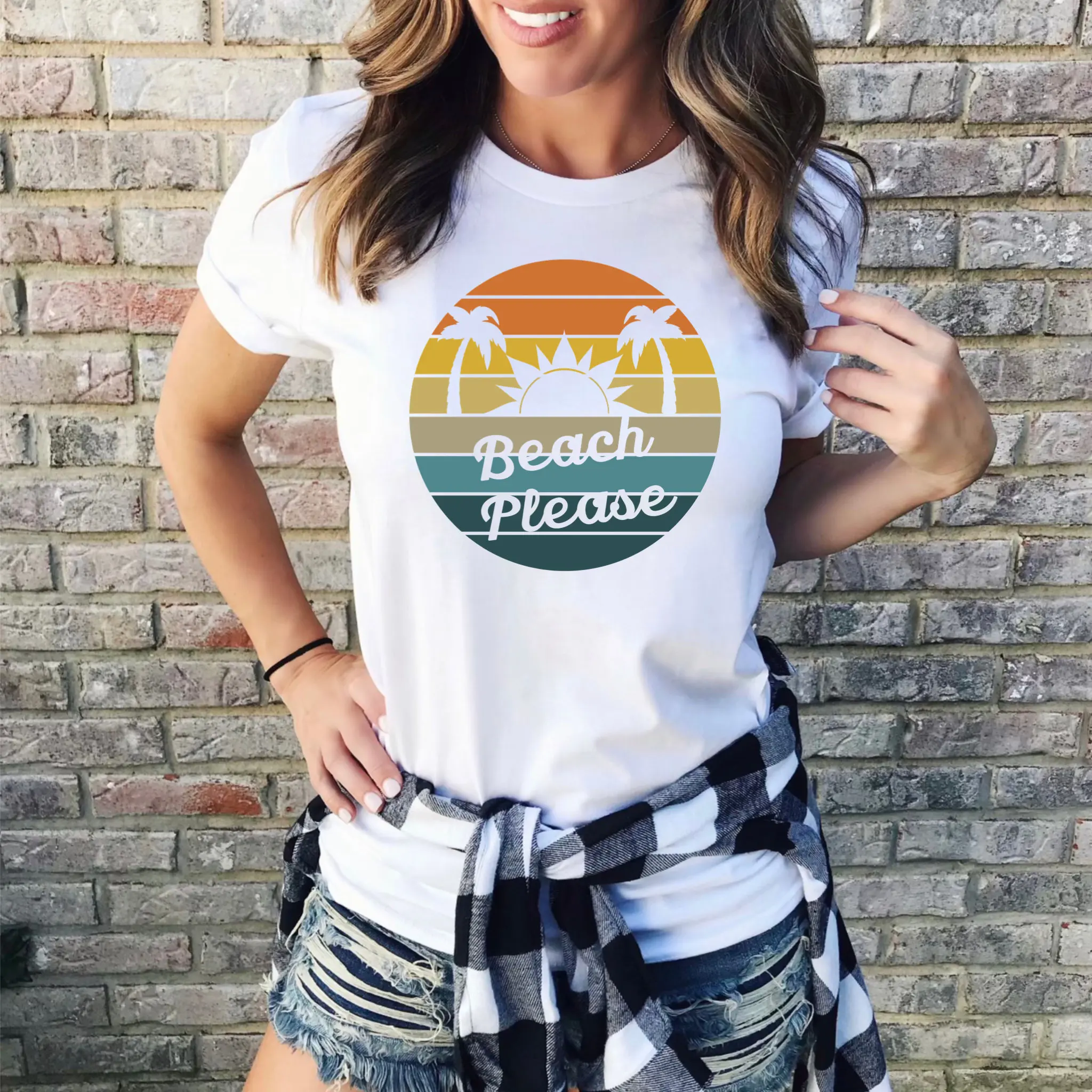 

New Women's Tropical Sunset Beach Vacation Pattern Short Sleeves 100%cotton Printed T Shirt Fashion Tops