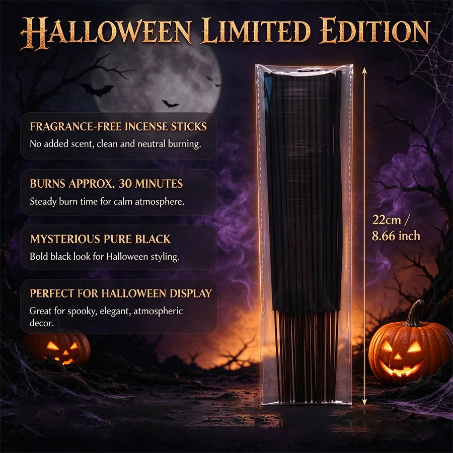 24/51/108/181 Pieces of Mysterious Black Unscented Incense Sticks, 8.66in Long, Halloween Holiday Limited Edition, Light One up to Add to the Festive Atmosphere, Suitable for Holiday Parties, Home Bedrooms, Outdoor Activities, Holiday Gifts