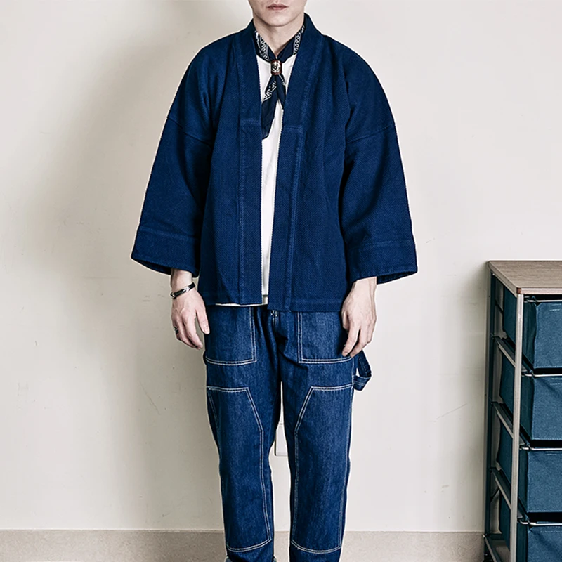 

Men's Indigo Jacket Vintage Heavy Weight Kendo Suit Thick Blue Dyed Jacket Cotton Loose Cardigan Coat Autumn Winter Casual Tops