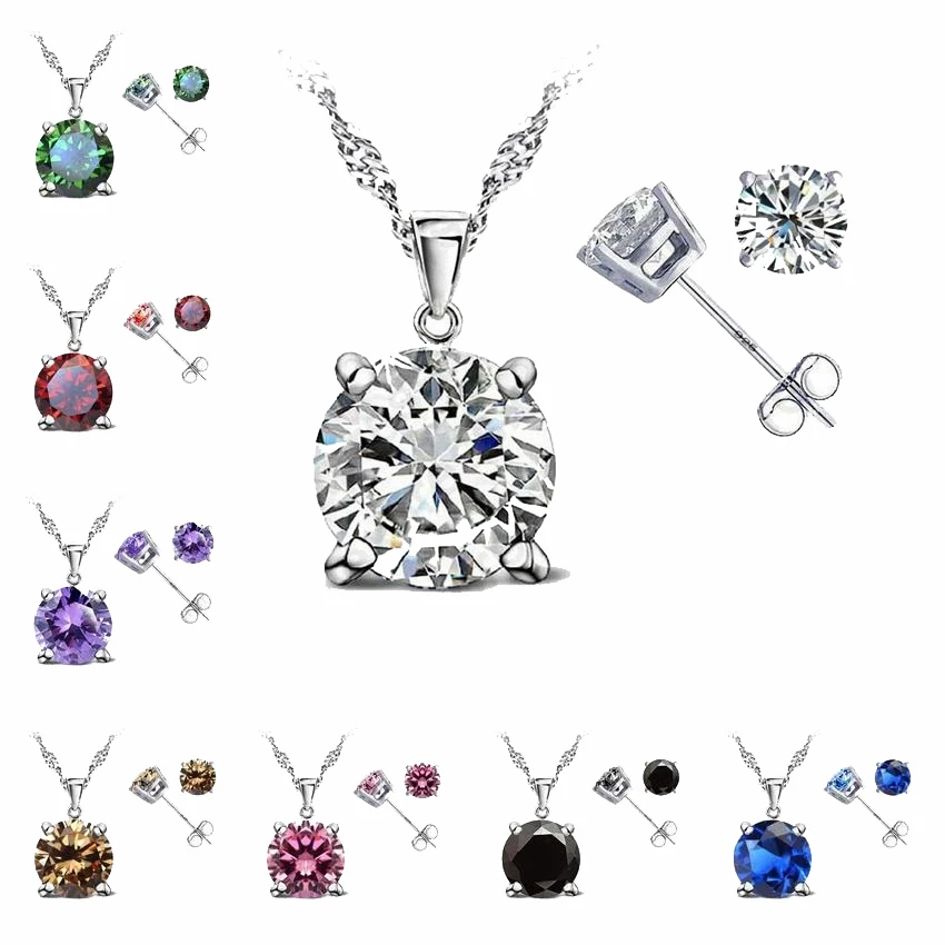 Klasyczna biżuteria 4 pazury cyrkonia 925 Sterling Silver Jewelry Sets Stud kolczyk wisiorek naszyjnik 8 kolorów