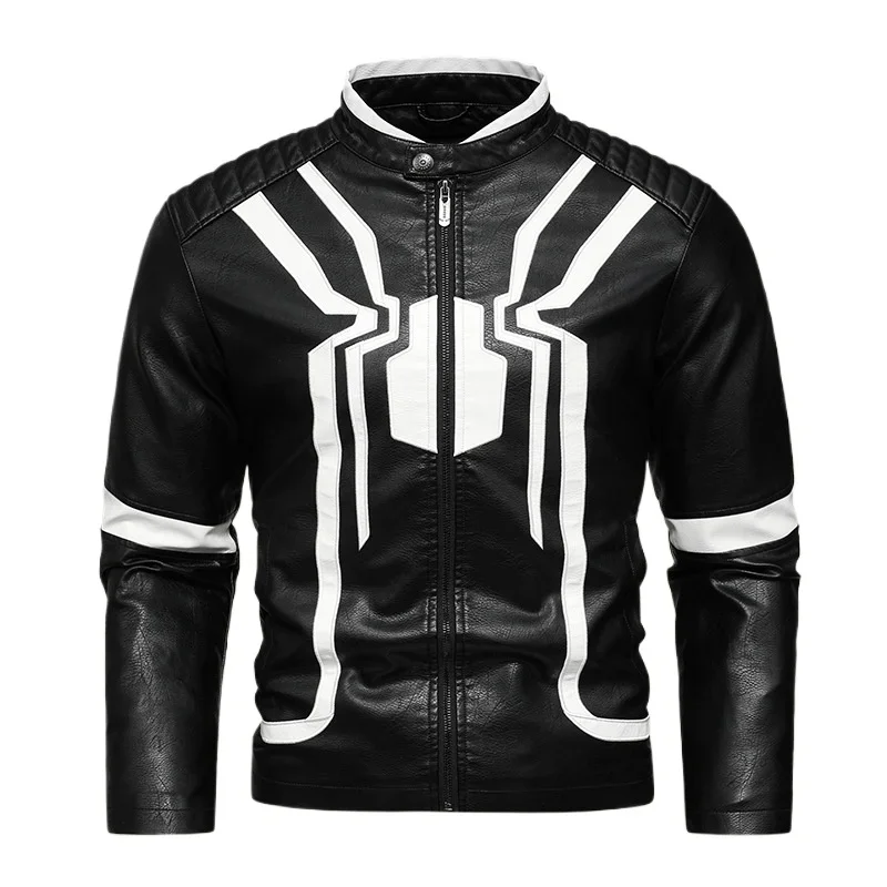 New Men's Leather Motorcycle Jacket Art Embroidery Color PU Leather Black and White Patchwork Color Leather Jacket