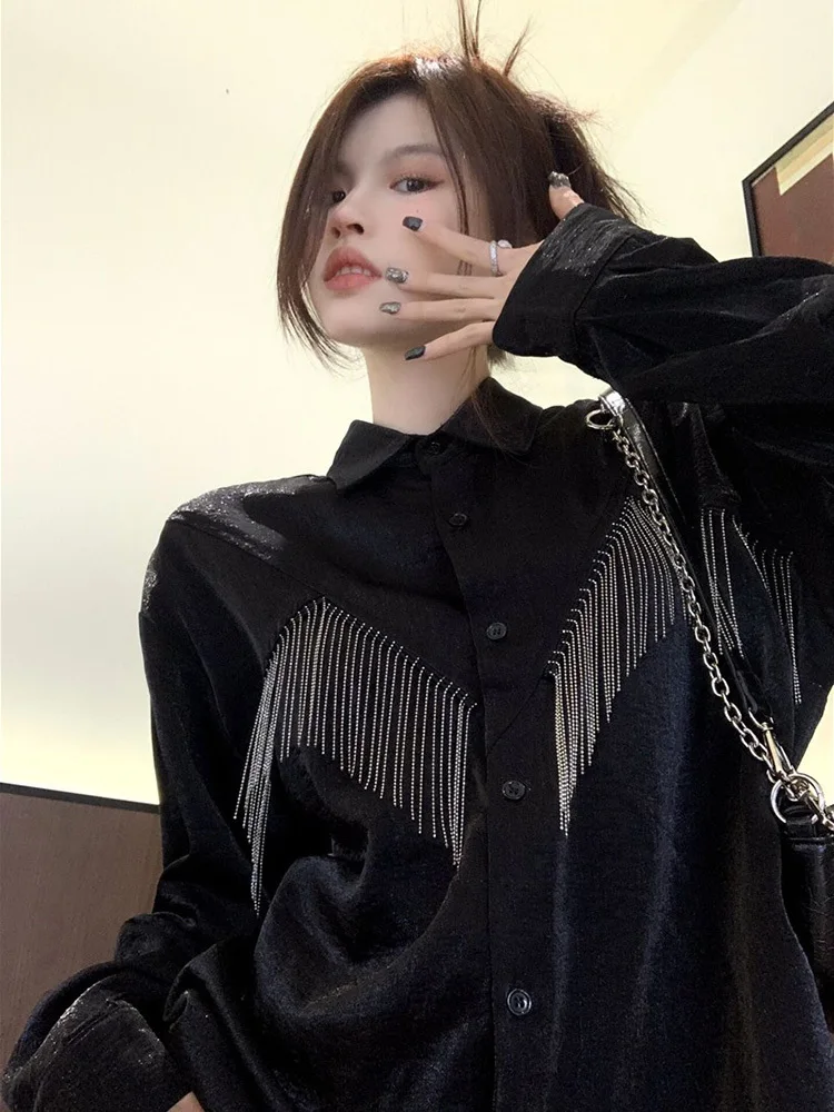 

Harajuku Streetwear Vintage Tassels Bling Single-Breasted Profile Full Sleeve Black Safari Blouses Shirt