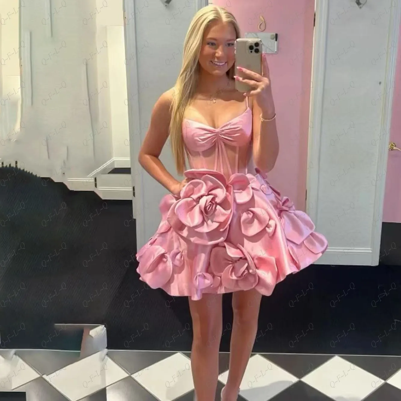 New Collection Woman Dress Spaghetti Prom Gown Short Pink Floral Design Birthday Dress A Line Mini Chic Women Party Dresses