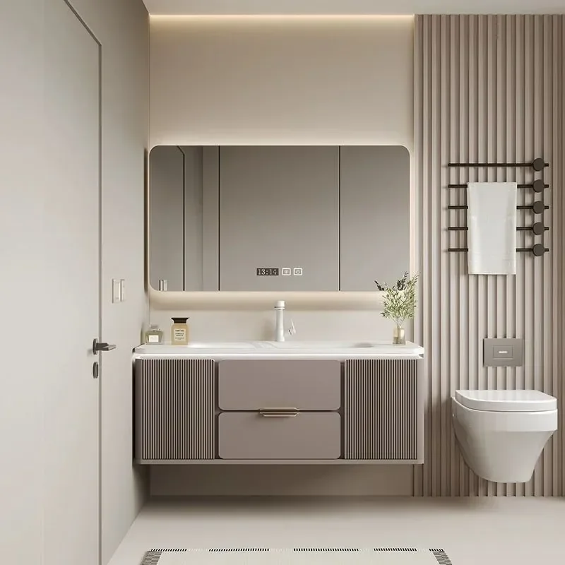 Rock Slab Hot Bending Integrated Basin Bathroom Cabinet Combination Oak Paint Cream Style Ceramic Basin Toilet Hand Washing