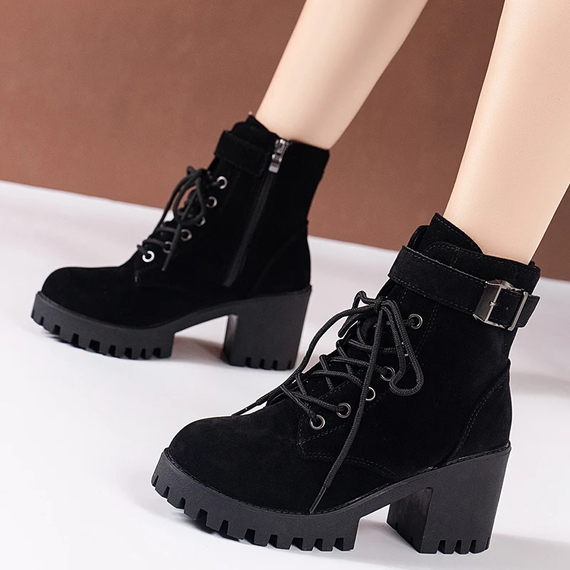 

Cotton Shoes Winter New Round Toe Suede Zip Metal Buckle Platform Non-Slip Block Heel Booties